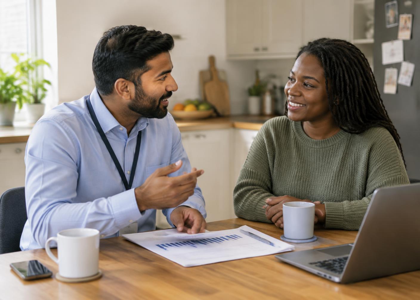 Viresh talking a client through her mortgage options at a bright kitchen table