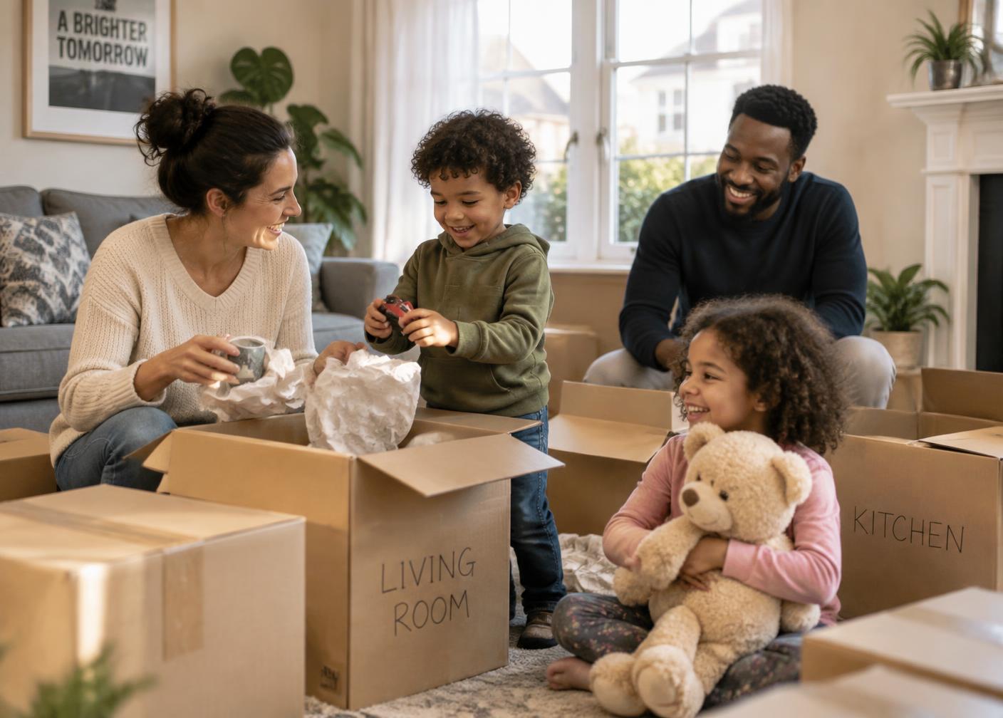 A family with two young children unpacking boxes together in their new living room