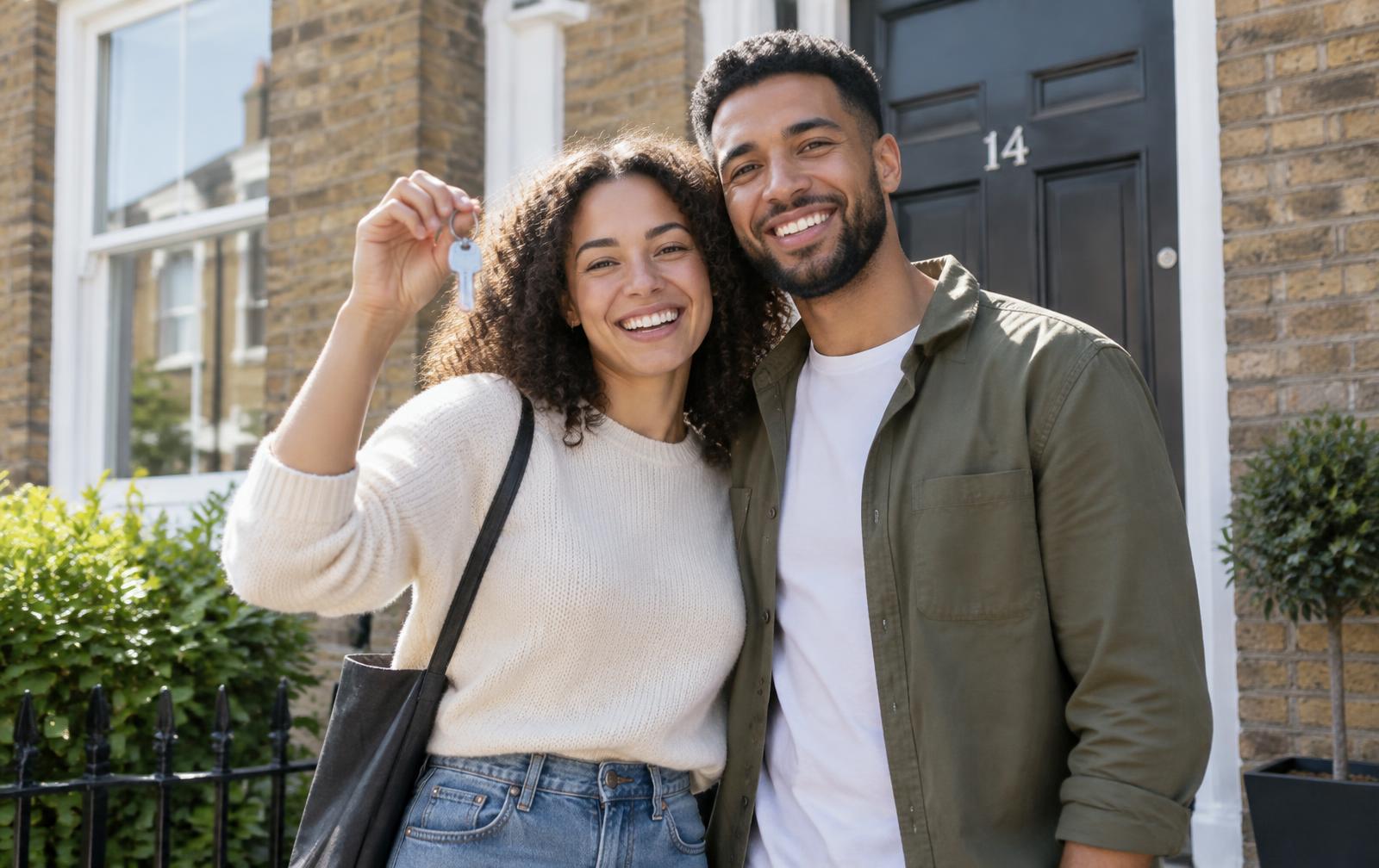 A smiling couple standing outside their new home, holding up the keys